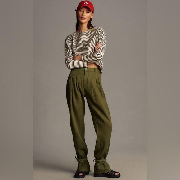 Anthropologie Ankle Tie Linen Trousers in Dark Olive Size 12 - Picture 2 of 10